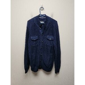 John Bartlett Consensus Cottom Knit Blue Button Cardigan Sweater Men's L‎ Elbow